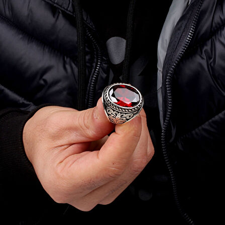 Kırmızı Zirkon Taşlı 925 Ayar Gümüş Erkek Yüzük