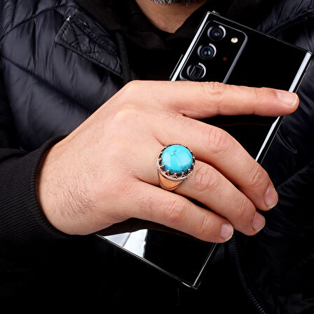 TURKUAZ TAŞLI OVAL MODEL 925 AYAR GÜMÜŞ ERKEK YÜZÜK