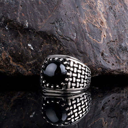 ONİX TAŞLI ÖRGÜ MODEL 925 AYAR GÜMÜŞ ERKEK YÜZÜK