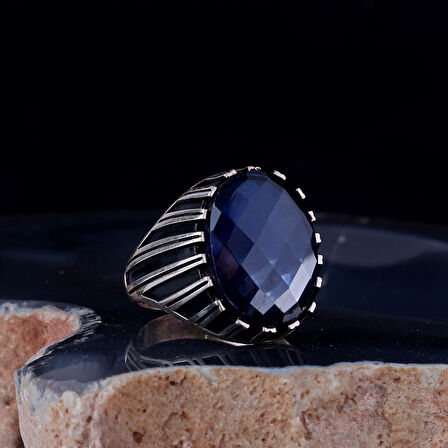 MAVİ ZİRKON TAŞLI 925 AYAR GÜMÜŞ ERKEK YÜZÜK