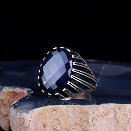 MAVİ ZİRKON TAŞLI 925 AYAR GÜMÜŞ ERKEK YÜZÜK