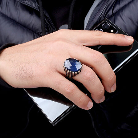 MAVİ ZİRKON TAŞLI 925 AYAR GÜMÜŞ ERKEK YÜZÜK