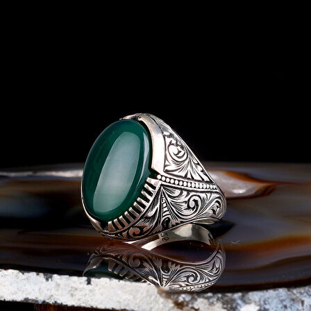 AKİK TAŞLI KALEM İŞLEME DESENLİ 925 AYAR GÜMÜŞ ERKEK YÜZÜK