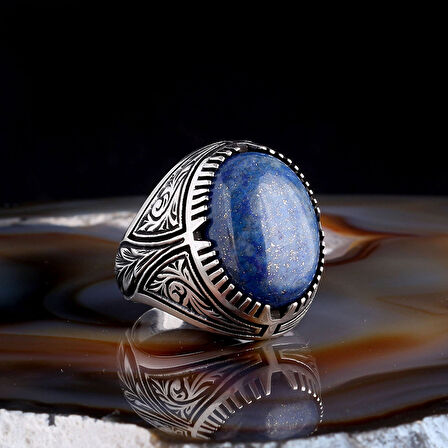 LAPİS TAŞLI KALEM İŞLEME DESENLİ 925 AYAR GÜMÜŞ ERKEK YÜZÜK