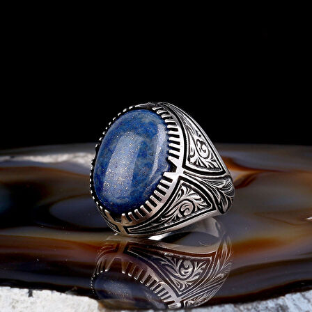 LAPİS TAŞLI KALEM İŞLEME DESENLİ 925 AYAR GÜMÜŞ ERKEK YÜZÜK