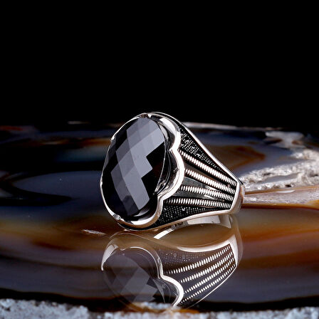 FASET KESİM SİYAH ZİRKON TAŞLI 925 AYAR GÜMÜŞ ERKEK YÜZÜK