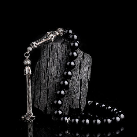 925 Ayar Gümüş Küre Kesim Siyah Zirkon Taşlı Ateş Kehribar Tesbih