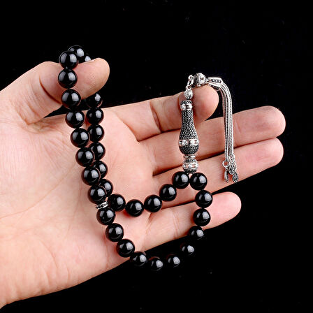 925 Ayar Gümüş Küre Kesim Siyah Zirkon Taşlı Ateş Kehribar Tesbih