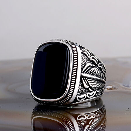 925 Ayar Gümüş Ok Tüyü Model Onix Taşlı Erkek Model Yüzük