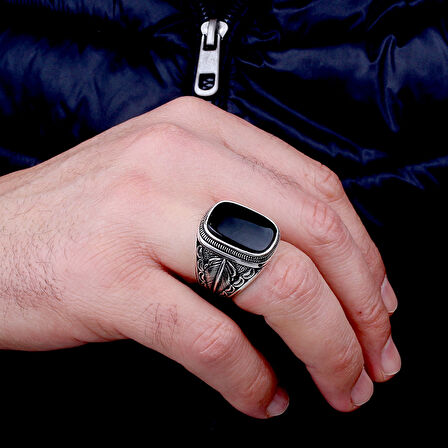 925 Ayar Gümüş Ok Tüyü Model Onix Taşlı Erkek Model Yüzük