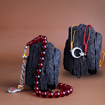 925 Ayar Gümüş Püsküllü Sarı Kırmızı Renk Ateş Kehribar Ayyıldız Bileklik Kombini