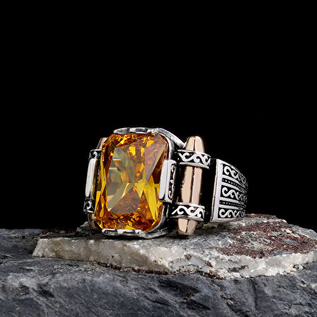 925 Ayar Gümüş Sarı Zirkon Taşlı Model Erkek Yüzük