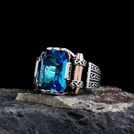 925 Ayar Gümüş Mavi Zirkon Taşlı Model Erkek Yüzük