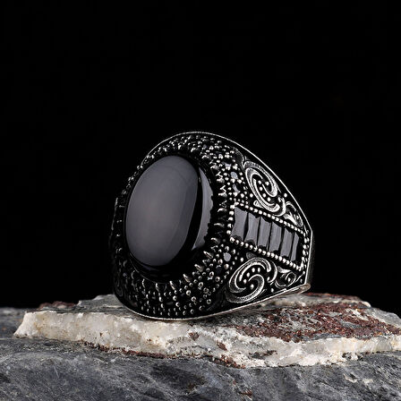 925 Ayar Gümüş Onix Taşlı Oval Model Erkek Yüzük