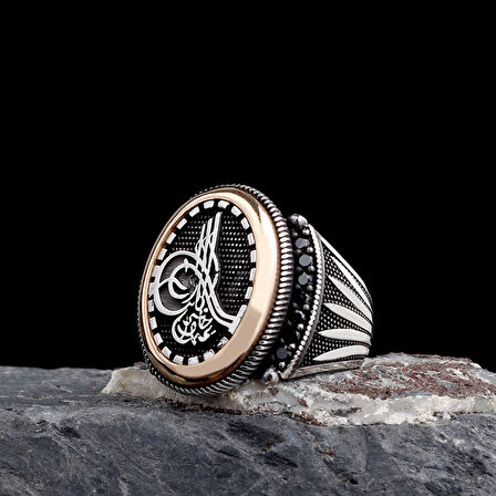 925 Ayar Gümüş Tuğra Motifli Mikro Taşlı Model Erkek Yüzük