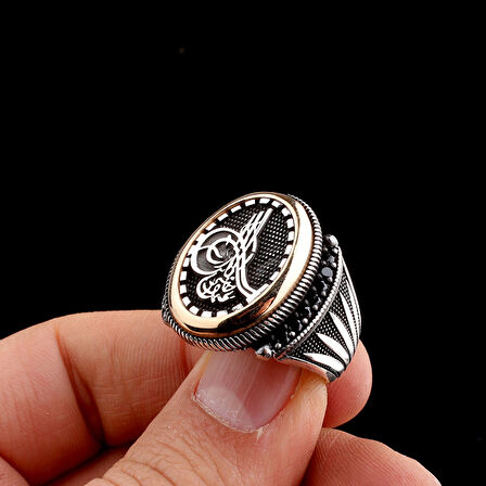 925 Ayar Gümüş Tuğra Motifli Mikro Taşlı Model Erkek Yüzük