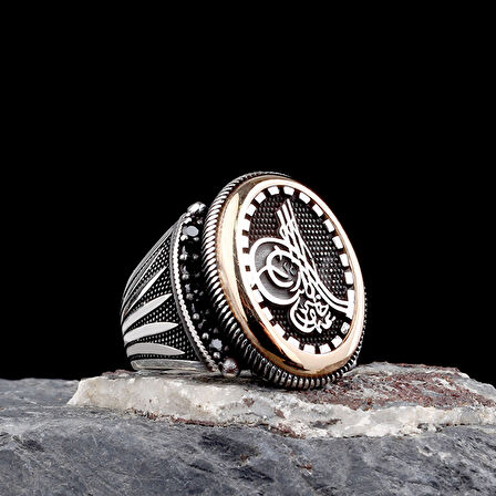 925 Ayar Gümüş Tuğra Motifli Mikro Taşlı Model Erkek Yüzük