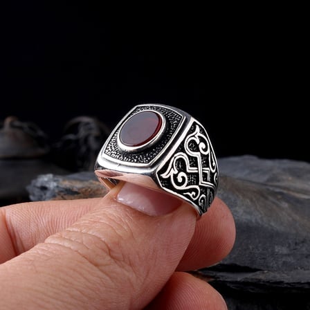 925 Ayar Gümüş Oval Akik Taşlı Desen Motifli Erkek Yüzük