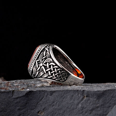 Otantik Desen Motifli Akik Taşlı 925 Ayar Gümüş Erkek Yüzük