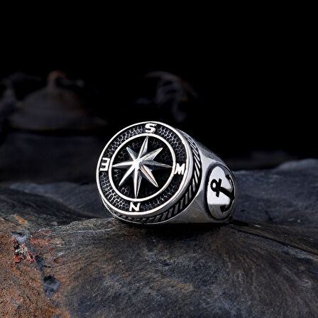 925 Ayar Gümüş Deniz Çapası Pusula Model Erkek Yüzük