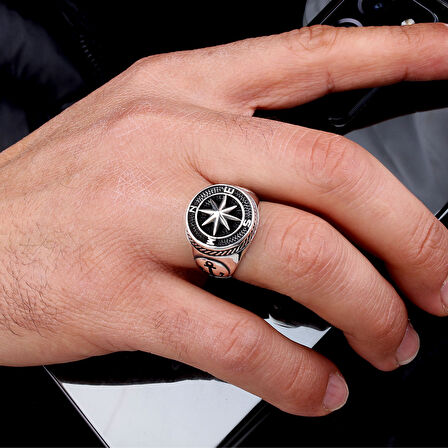 925 Ayar Gümüş Deniz Çapası Pusula Model Erkek Yüzük