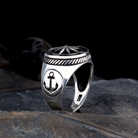 925 Ayar Gümüş Deniz Çapası Pusula Model Erkek Yüzük