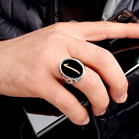 925 Ayar Gümüş Siyah Mine Üzerine Elif Yazılı Erkek Yüzük