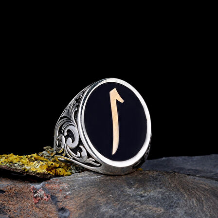 925 Ayar Gümüş Siyah Mine Üzerine Elif Yazılı Erkek Yüzük