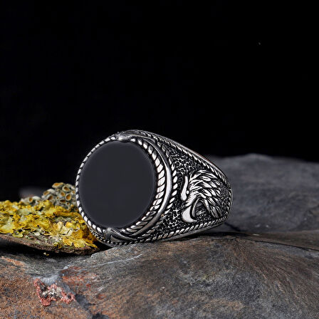 925 Ayar Gümüş Onix Taşlı Kartal Motifli Erkek Yüzük