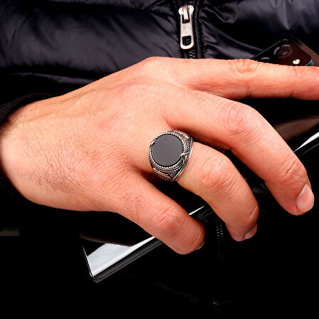 925 Ayar Gümüş Onix Taşlı Kartal Motifli Erkek Yüzük