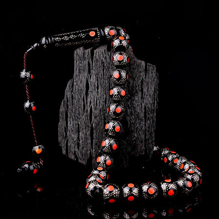 Kırmızı Mineli 925 Ayar Gümüş İşlemeli Kuka Tesbih