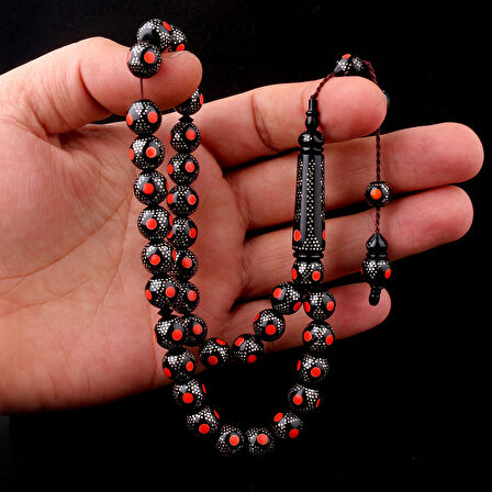 Kırmızı Mineli 925 Ayar Gümüş İşlemeli Kuka Tesbih