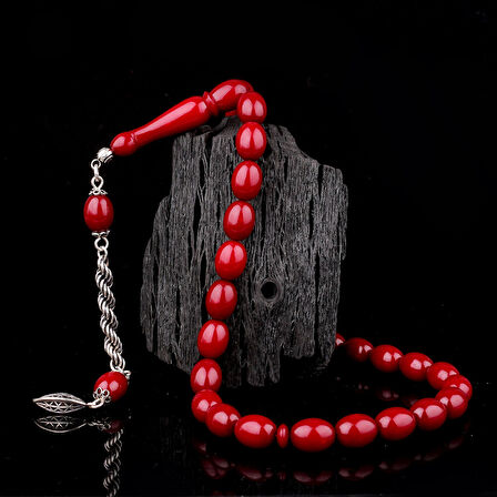 925 Ayar Gümüş Püsküllü Bordo Renk Ateş Kehribar Tesbih