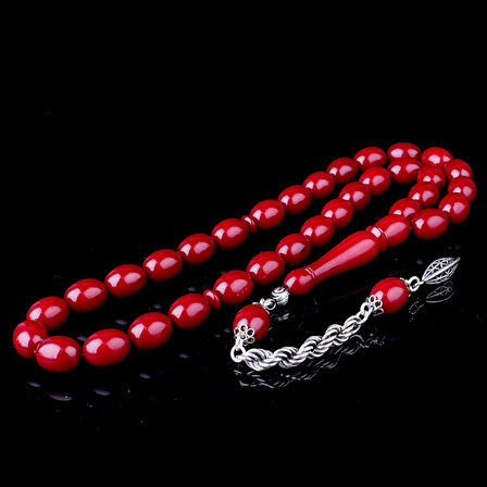 925 Ayar Gümüş Püsküllü Bordo Renk Ateş Kehribar Tesbih