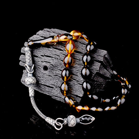 1000 Ayar Gümüş Püsküllü Arpa Kesim Süzme Renk Ateş Kehribar Tesbih