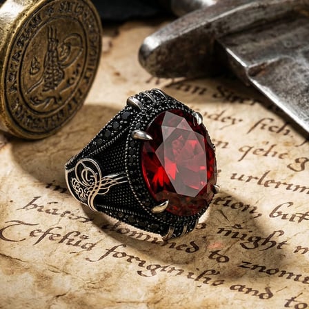 925 Ayar Gümüş Kırmızı Zirkon Taşlı Tuğra Model Yüzük