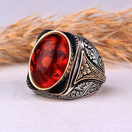 KALEM İŞLEME MOTİFLİ KEHRİBAR TAŞLI GÜMÜŞ YÜZÜK