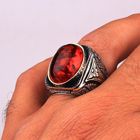 KALEM İŞLEME MOTİFLİ KEHRİBAR TAŞLI GÜMÜŞ YÜZÜK