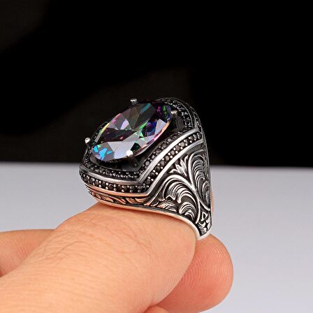 925 AYAR GÜMÜŞ MİSTİK TOPAZ TAŞLI KALEM MOTİFLİ YÜZÜK