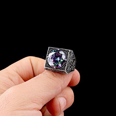 925 AYAR GÜMÜŞ KALEM İŞLEME MOTİFLİ MİSTİK TOPAZ TAŞLI YÜZÜK