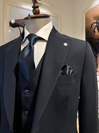 Guild Plav Slim Fit Lacivert Yelekli Takım Elbise 