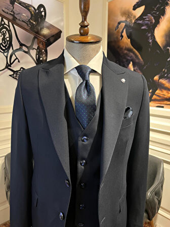 Guild Plav Slim Fit Lacivert Yelekli Takım Elbise 