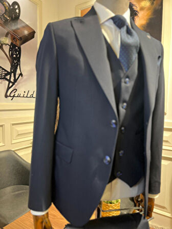 Guild Plav Slim Fit Lacivert Yelekli Takım Elbise 