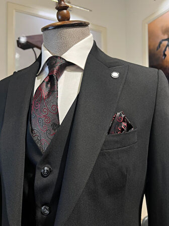 Guild Plav Slim Fit Siyah Yelekli Takım Elbise 