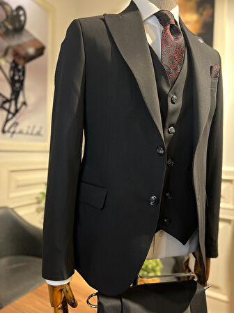 Guild Plav Slim Fit Siyah Yelekli Takım Elbise 