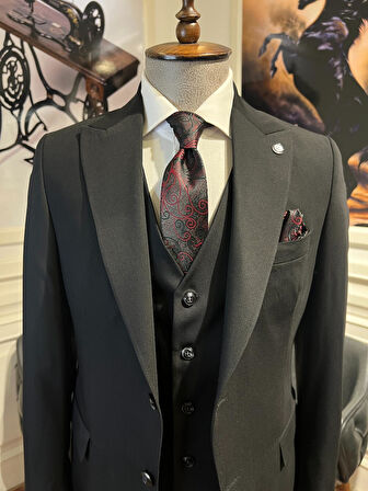 Guild Plav Slim Fit Siyah Yelekli Takım Elbise 