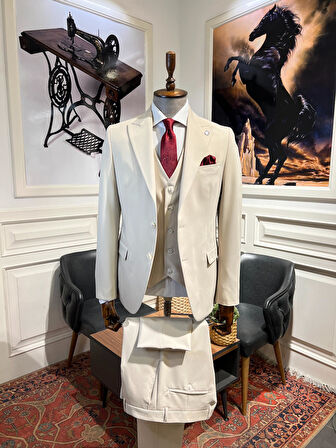 Guild Plav Slim Fit Krem Yelekli Takım Elbise 