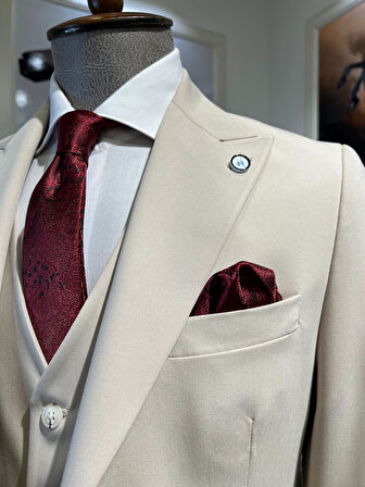 Guild Plav Slim Fit Krem Yelekli Takım Elbise 