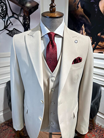 Guild Plav Slim Fit Krem Yelekli Takım Elbise 