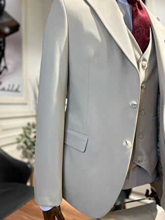 Guild Plav Slim Fit Krem Yelekli Takım Elbise 